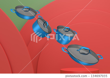 Set of kitchen cookware set with lids floating in midair, over colorfull podium and backdrop, concept of premium utensils Set of kitchen cookware set with lids floating in midair, over colorfull podium and backdrop, concept of premium utensils 134697035