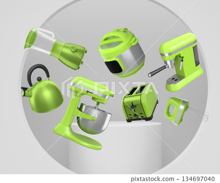 Set of kitchen appliances including mixer, toaster, blender, and coffee maker on white colorful podium and background 134697040