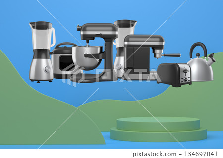 Set of kitchen appliances and utensils floating in mid-air over podium and abstract background, modern cooking concepts Set of kitchen appliances and utensils floating in mid-air over podium and abstract background, modern cooking concepts 134697041