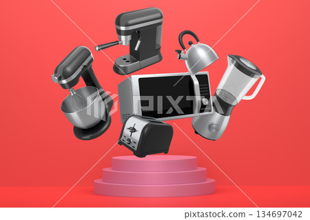 Set of kitchen appliances and utensils floating in mid-air over podium and abstract background, modern cooking concepts 134697042
