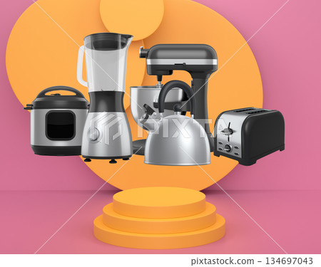 Set of kitchen appliances and utensils floating in mid-air over podium and abstract background, modern cooking concepts 134697043
