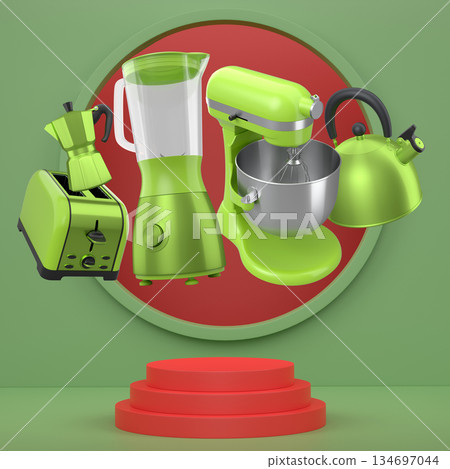 Set of kitchen appliances and utensils floating in mid-air over podium and abstract background, modern cooking concepts 134697044