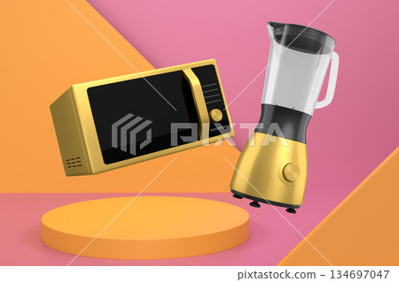 Set of microwave and blender floating above podium, minimal style, abstract background, modern kitchen appliances concept 134697047