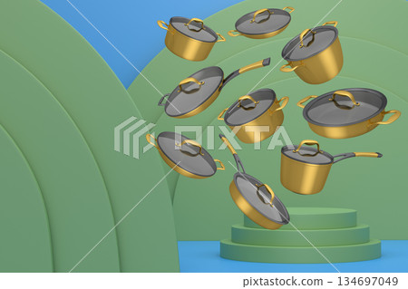 Set of kitchen cookware set with lids floating in midair, over colorfull podium and backdrop, concept of premium utensils 134697049