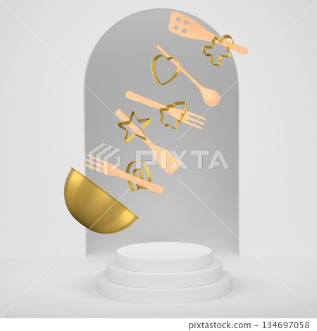 Set of baking bowl, cookie cutters, and wooden kitchen utensils suspended mid-air on abstract background, culinary concept 134697058