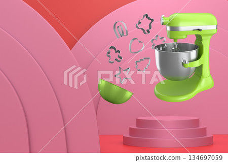 Set of kitchen tools including mixer, bowl and cookie cutters float above pedestal and abstract background. 134697059