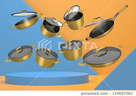 Set of kitchen cookware set with lids floating in midair, over colorfull podium and backdrop, concept of premium utensils 134697062