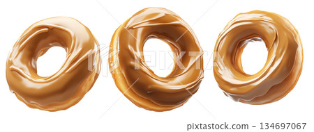 Tasty caramel-glazed donut topped with crunchy nuts, isolated on white transparent background 134697067