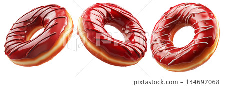 Delicious red glazed donut with chocolate drizzle and sprinkles, isolated on white transparent background Delicious red glazed donut with chocolate drizzle and sprinkles, isolated on white transparent background 134697068