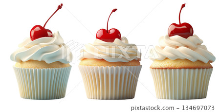 Vanilla cupcake topped with smooth whipped cream and a bright cherry, isolated on white transparent background 134697073