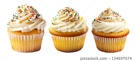 Vanilla cupcake topped with creamy white frosting and colorful sprinkles, isolated on white transparent background 134697074