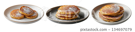 Stack of fluffy golden pancakes sprinkled with powdered sugar on a ceramic plate, isolated on white background Stack of fluffy golden pancakes sprinkled with powdered sugar on a ceramic plate, isolated on white background 134697079