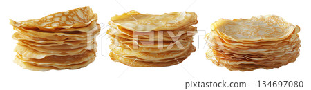 A stack of thin golden crepes with crispy edges isolated on a white transparent background, concept of breakfast A stack of thin golden crepes with crispy edges isolated on a white transparent background, concept of breakfast 134697080