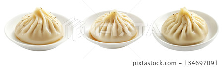 Steamed dumpling Xiao Long Bao with pleated top isolated on white background, concept of Asian traditional cuisine 134697091
