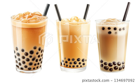 Creamy bubble milk tea with tapioca pearls in glass cup, isolated on white transparent background Creamy bubble milk tea with tapioca pearls in glass cup, isolated on white transparent background 134697092