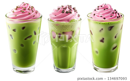 Iced matcha drink topped with pink whipped cream and chocolate bits, isolated on white transparent background 134697093