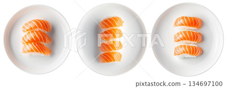 Salmon nigiri sushi arranged neatly on white plate, isolated on white background, concept of Japanese cuisine 134697100