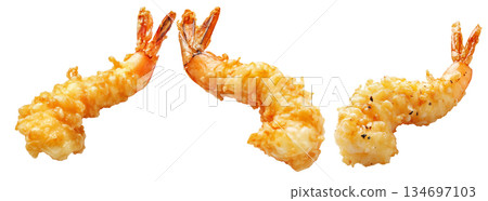 Deep fried shrimps tempura in golden batter, isolated on white background, concept of Japanese cuisine delicacy 134697103
