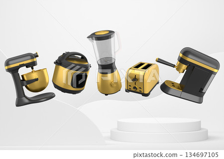 Set of kitchen appliances including mixer, toaster, blender, and coffee maker on white colorful podium and background 134697105