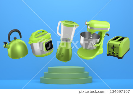 Set of kitchen appliances including mixer, toaster, blender, and coffee maker on white colorful podium and background 134697107