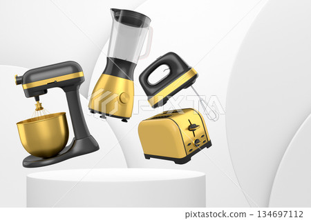 Set of kitchen appliances including blender, mixer, toaster, and hand mixer, floating over podium on abstract background 134697112