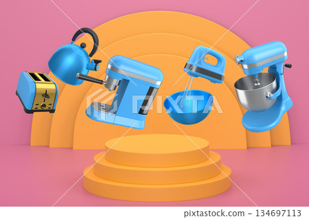 Set of kitchen appliances including mixer, toaster, blender, and coffee maker on white colorful podium and background 134697113