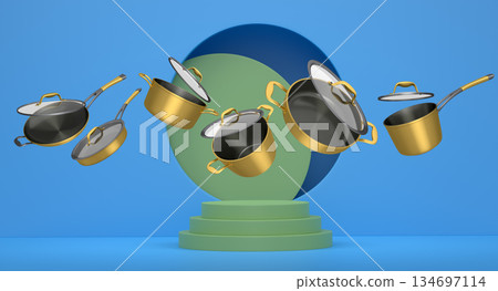 Set of kitchen cookware set with lids floating in midair, over colorfull podium and backdrop, concept of premium utensils 134697114