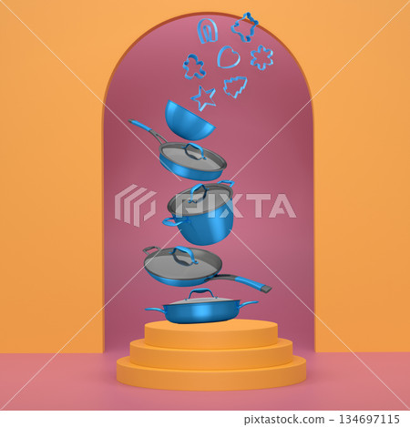 Set of cookie cutters float above kitchen cookware set with lids and podium with abstract background 134697115