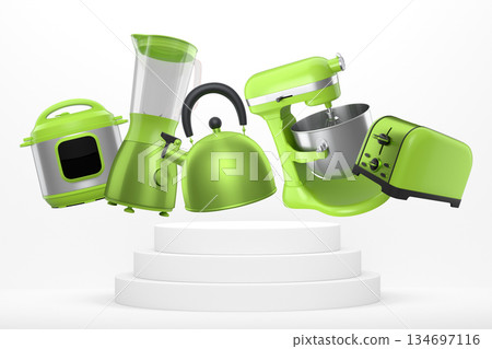 Set of kitchen appliances and utensils floating in mid-air over podium and abstract background, modern cooking concepts Set of kitchen appliances and utensils floating in mid-air over podium and abstract background, modern cooking concepts 134697116