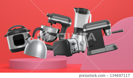 Set of kitchen appliances including mixer, toaster, blender, and coffee maker on white colorful podium and background 134697117