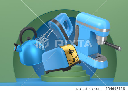 Assorted kitchen appliances including mixer, toaster, kettle and coffee maker over podium on abstract background 134697118