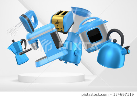 Set of kitchen appliances including mixer, toaster, blender, and coffee maker on white colorful podium and background 134697119
