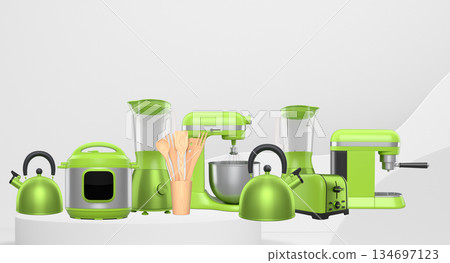 Set of kitchen appliances including mixer, toaster, blender, and coffee maker on white colorful podium and background 134697123