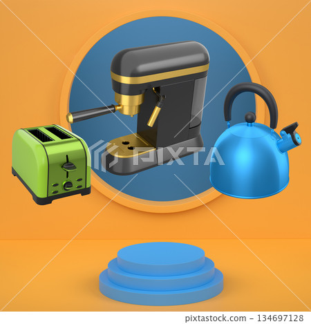Assorted kitchen appliances including toaster, kettle and coffee maker over podium on abstract background Assorted kitchen appliances including toaster, kettle and coffee maker over podium on abstract background 134697128
