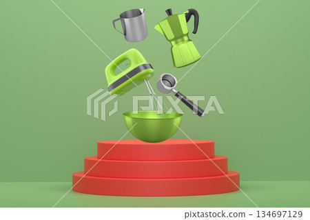 Set of kitchen tools including mixer, bowl, moka pot, portafilter, and jug floating above podium on abstract background 134697129