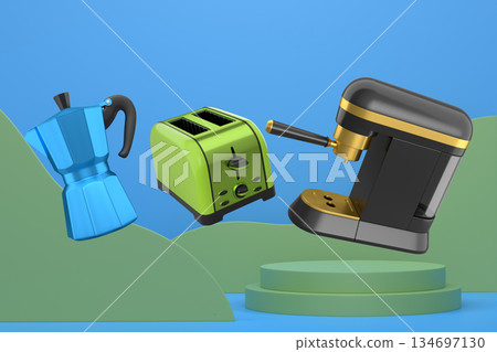 Assorted kitchen appliances including toaster, kettle and coffee maker over podium on abstract background Assorted kitchen appliances including toaster, kettle and coffee maker over podium on abstract background 134697130