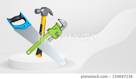 Colorful saw, hammer, and wrench floating in mid-air above white pedestal or podium, concept of construction and repair Colorful saw, hammer, and wrench floating in mid-air above white pedestal or podium, concept of construction and repair 134697236