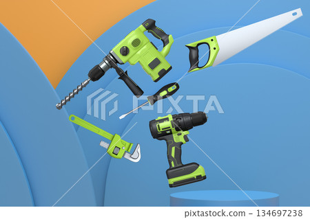 Construction tools and safety equipment floating over podium on abstract background, industrial work and protection concept Construction tools and safety equipment floating over podium on abstract background, industrial work and protection concept 134697238