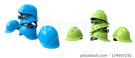 Set of construction safety helmets isolated on white transparent background, symbolizing safety and industry standards Set of construction safety helmets isolated on white transparent background, symbolizing safety and industry standards 134697292