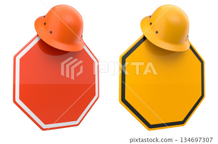 Blank traffic signs with different shapes and colors on metal poles on white background with clipping path, concept of road safety Blank traffic signs with different shapes and colors on metal poles on white background with clipping path, concept of road safety 134697307