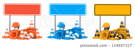 Construction hard hats, traffic cones, and road signs isolated on white background with clipping path, concept of safety gear Construction hard hats, traffic cones, and road signs isolated on white background with clipping path, concept of safety gear 134697327