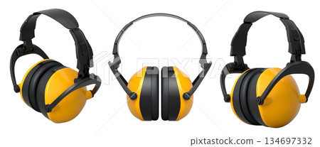 Set of colorful protective earmuffs isolated on a white background with clipping path, concept of hearing protection Set of colorful protective earmuffs isolated on a white background with clipping path, concept of hearing protection 134697332