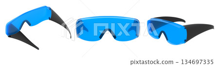 Protective safety plastic glasses with black frames isolated on white background with clipping path. Protective safety plastic glasses with black frames isolated on white background with clipping path. 134697335