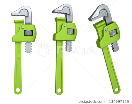 Set of colorful pipe wrenches with metallic jaws isolated on white background with clipping path, concept of construction tools 134697339