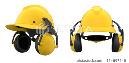 Protective helmets with attached earmuffs isolated on white background with clipping path, safety construction equipment 134697346
