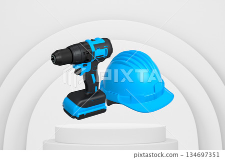 Cordless drill and safety helmet floating above podium, on abstract white background, construction concept Cordless drill and safety helmet floating above podium, on abstract white background, construction concept 134697351