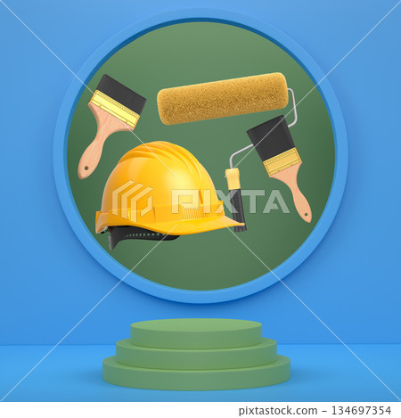 Hard hat, paint brushes and roller brush floating in air over podium on abstract background, renovation and construction tools Hard hat, paint brushes and roller brush floating in air over podium on abstract background, renovation and construction tools 134697354