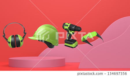 Construction tools and safety equipment floating over podium on abstract background, industrial work and protection concept Construction tools and safety equipment floating over podium on abstract background, industrial work and protection concept 134697356