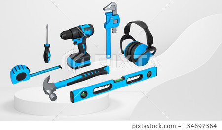 Construction tools and safety equipment floating over podium on abstract background, industrial work and protection concept Construction tools and safety equipment floating over podium on abstract background, industrial work and protection concept 134697364