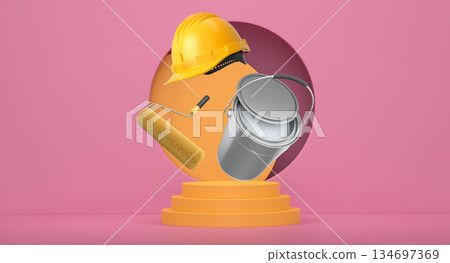 Hard hat, paint bucket and roller brush floating in air over podium on abstract background, renovation and construction tools 134697369